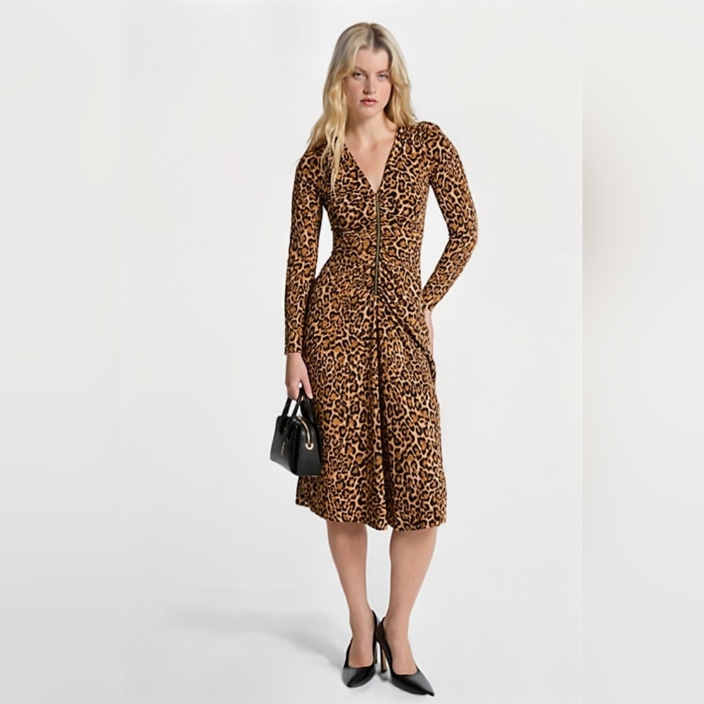NWT - Michael Kors Leopard Print Matte Jersey Ruched Dress